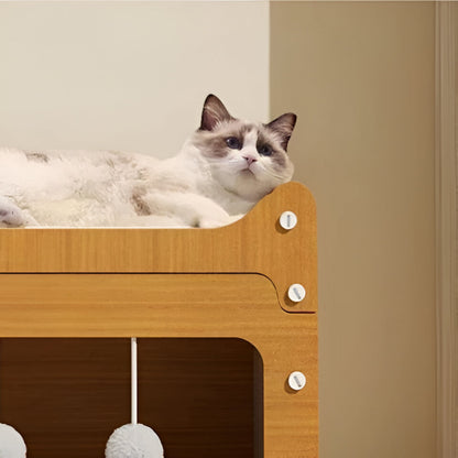 Cat Bed Scratcher House with Wooden Frame and Play Balls