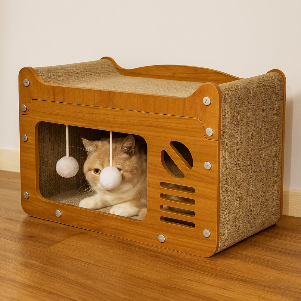 Cat Bed Scratcher House with Wooden Frame and Play Balls