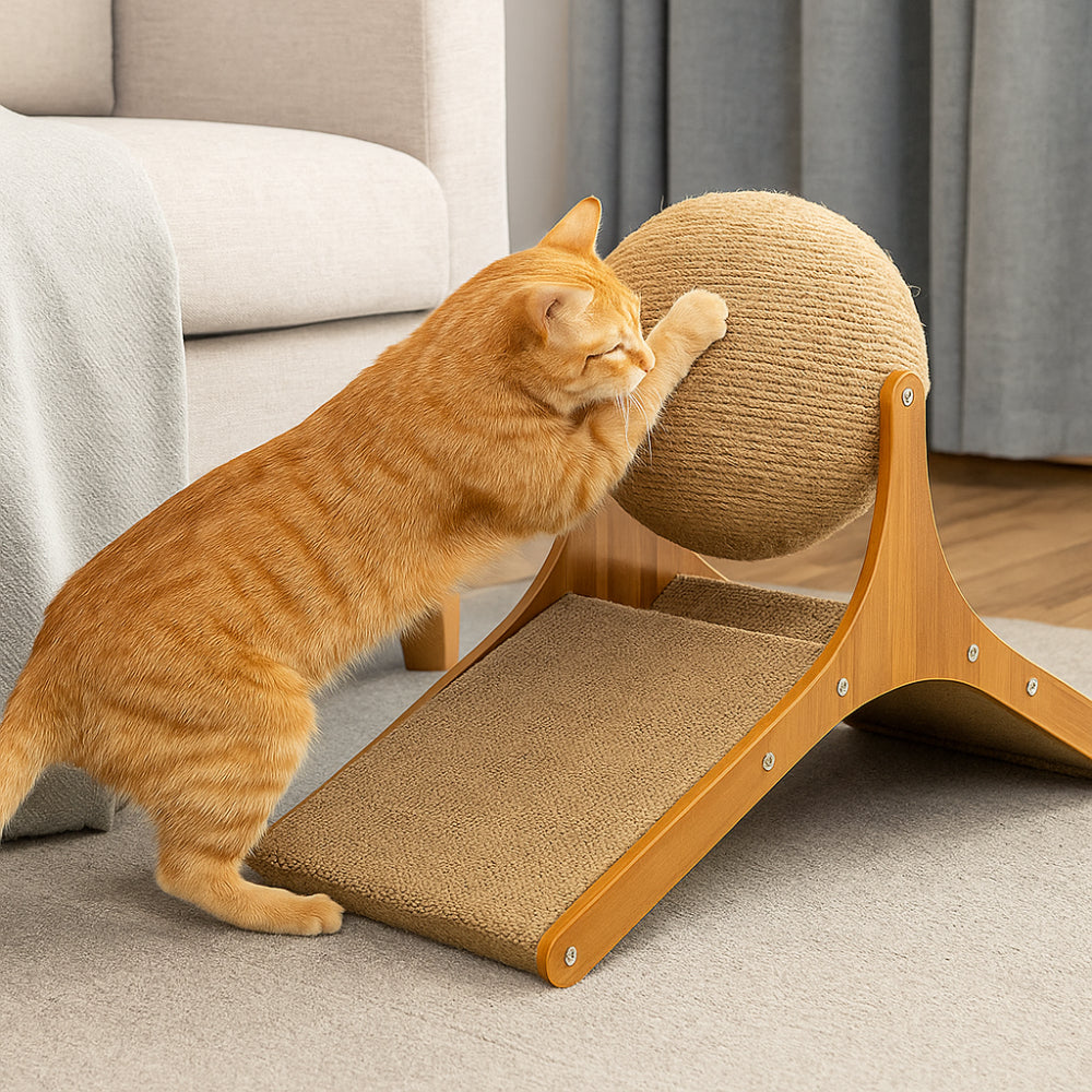 Cat Scratching Ramp with Wood Base and Sisal Ball Toy