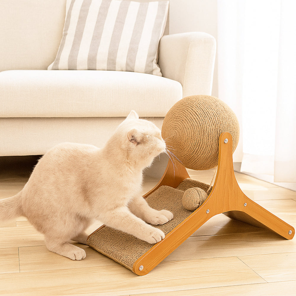 Cat Scratching Ramp with Wood Base and Sisal Ball Toy