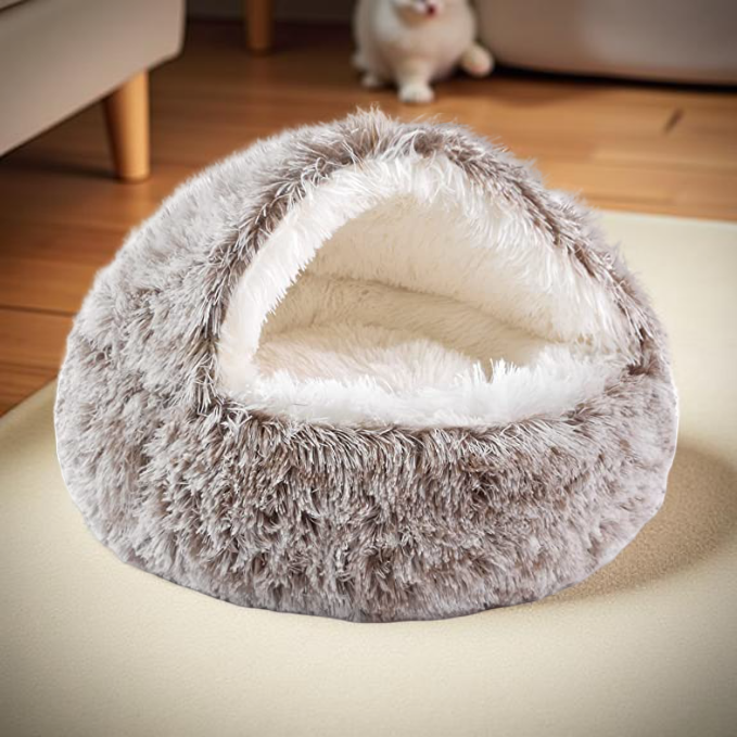 Cat Bed Calming Faux Fur Cave for Anxiety Relief and Comfort