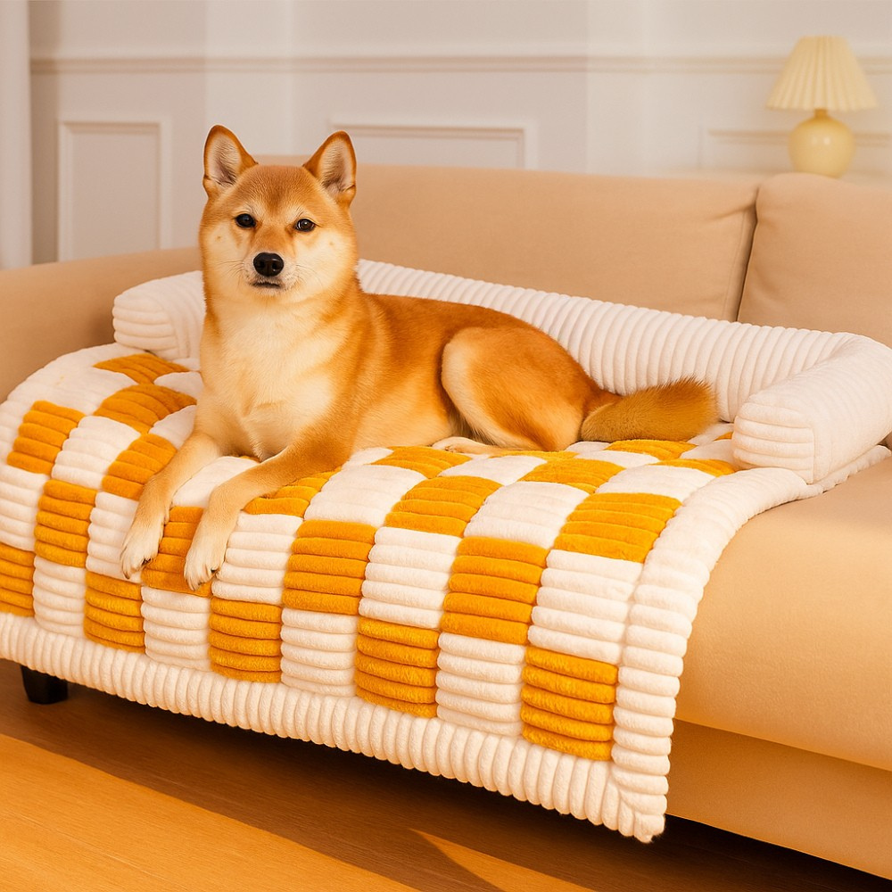 Dog Blanket Sofa Protector Plush Checkered Pet Bed Mat