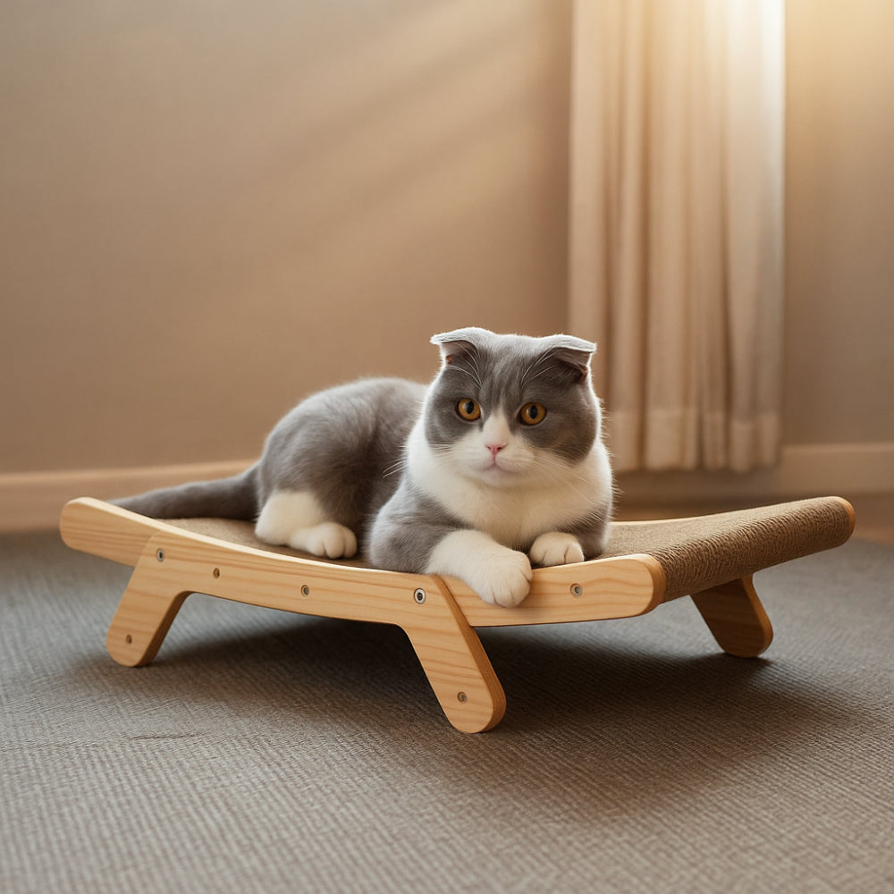 Cat Scratcher Lounge Bed with Wooden Frame and Ergonomic Design