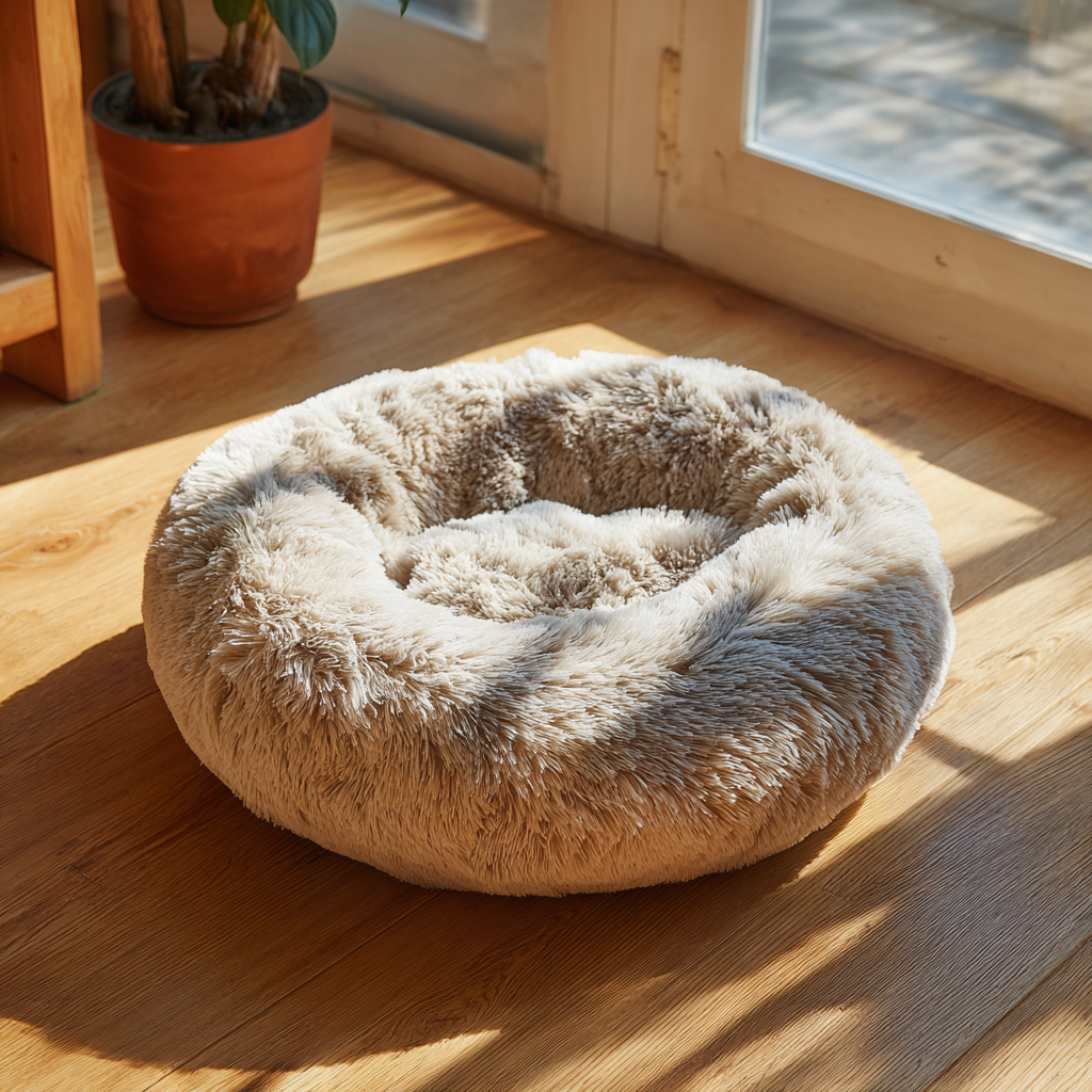 A soft, plush doughnut-shaped pet bed that is good for both cats and dogs.