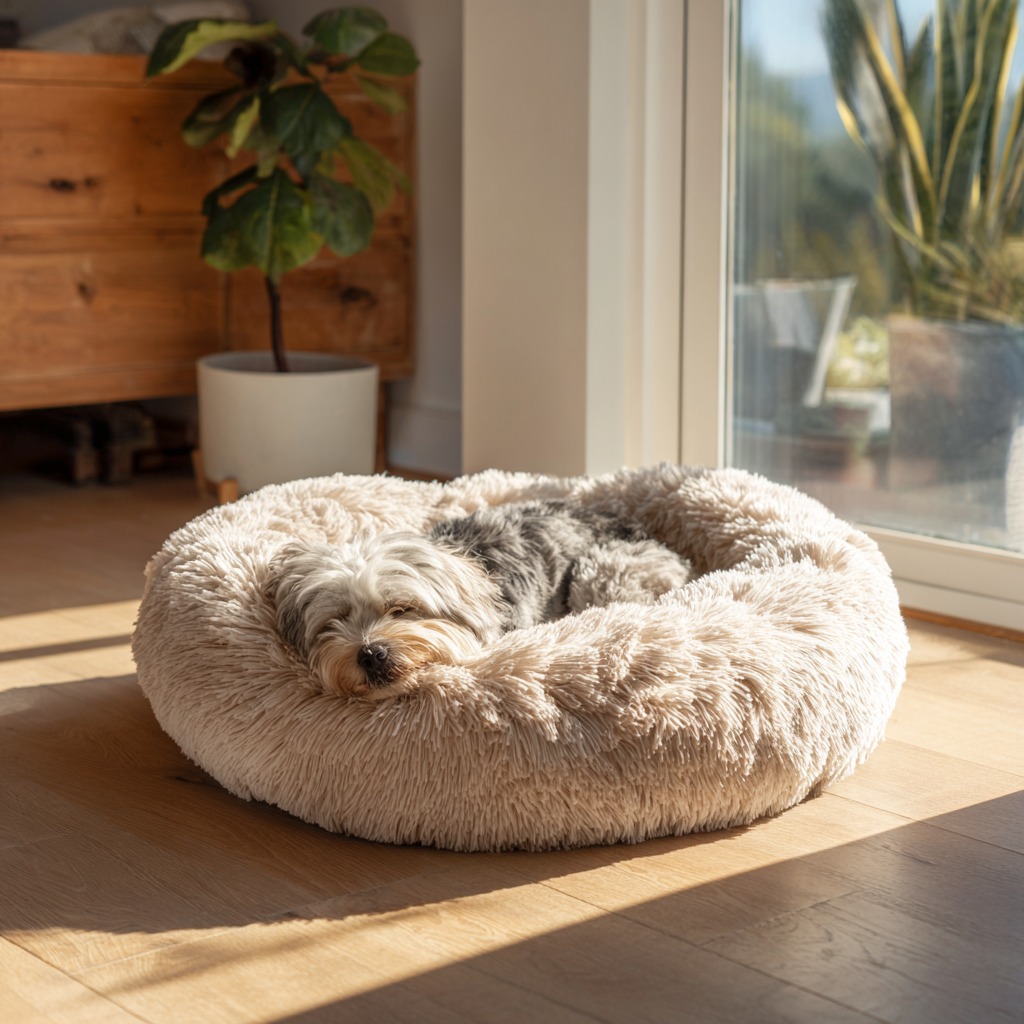 A soft, plush doughnut-shaped pet bed that is good for both cats and dogs.